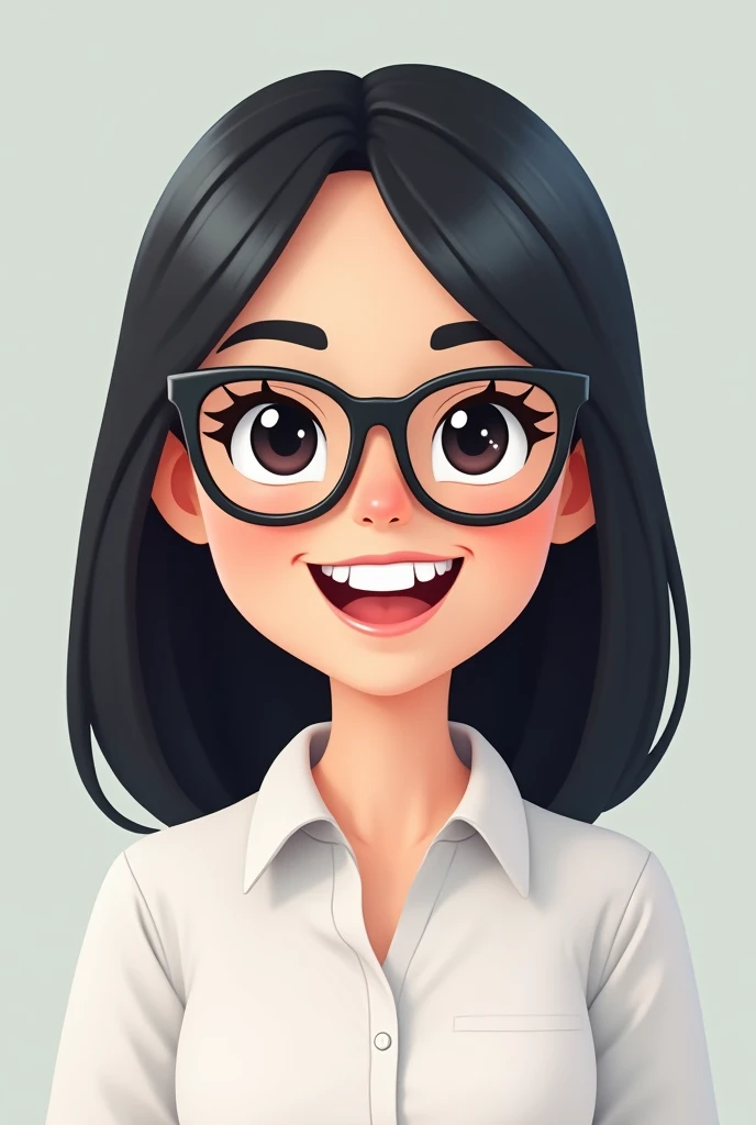 create a cheerful teacher avatar bitmoji style, White Teacher, straight black shoulder length hair. Dark eyes and prescription glasses.