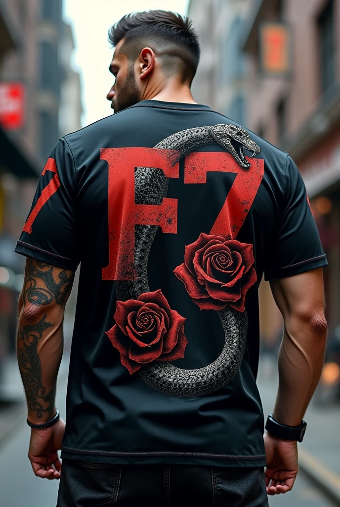 Create a really big f7 branded shirt with a rose and snake on the back
