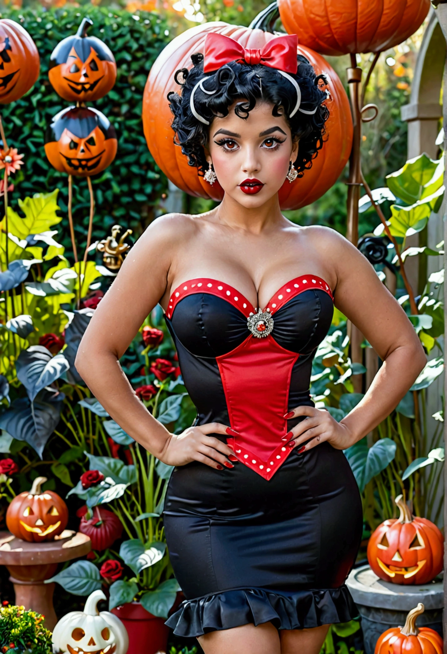 Girl Short Curly Black Hair. Full and red lips. brownish skin. big brown eyes. curvy. big breasts and wide hips. Dressed as Betty Boop . In a garden decorated with Halloween objects.