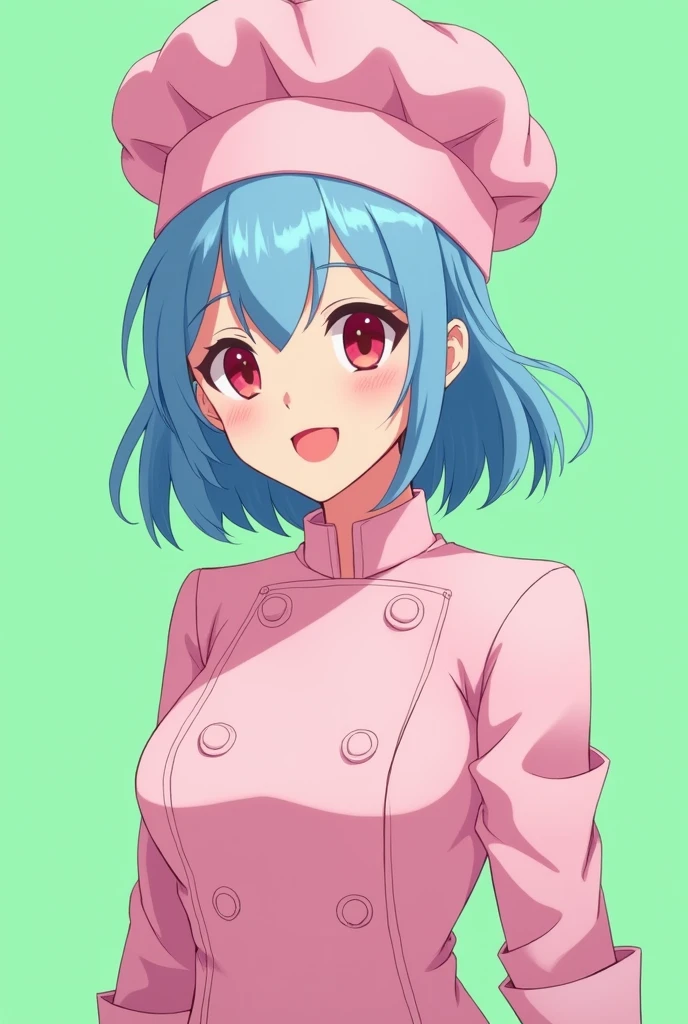 Female chef between 18 and 1, with a pink long-sleeved uniform and a chef's hat of the same color, 2D anime style with pastel colors, short blue hair, Red eyes ,with a happy and sensual expression, on a completely green and flat background