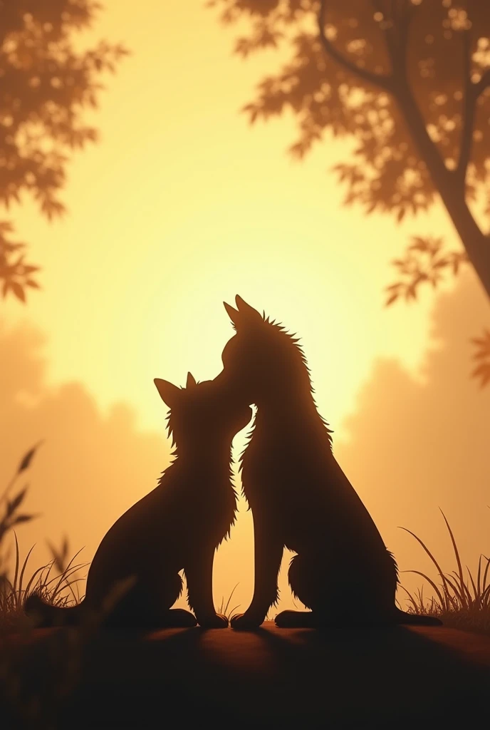 Silhouette of a child leaning on a dog