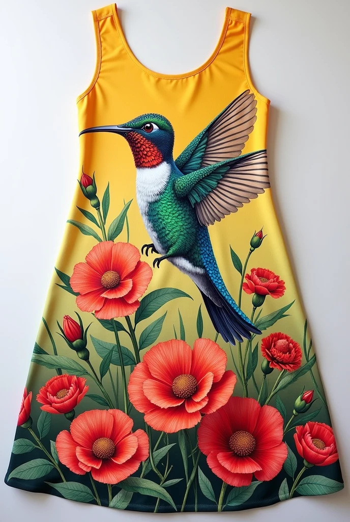 An image of a cloth dress with a drawing of a hummingbird and flowers on the bottom in a chain. The hummingbird should be large and the flowers should be large and carnations.