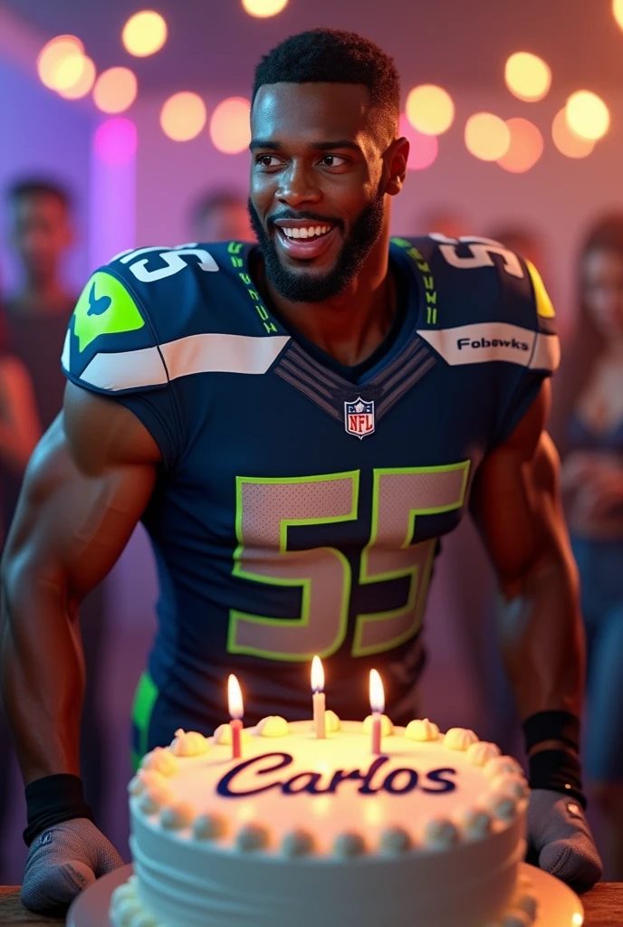 Seahawks NFL player whit the number 55 whit out helmet in birthday party whit cake And the cake has Carlos written on it