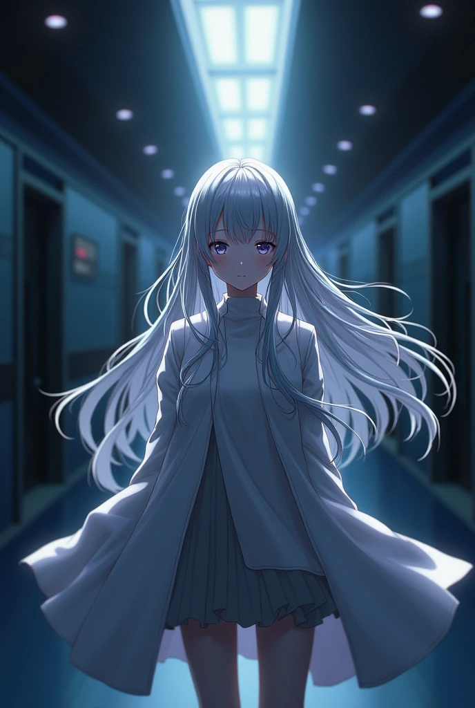 anime girl with long hair and white coat standing in a hallway, girls front line style, of the girls on the front line, dos arknights, anime portrait espaço cadete garota, Cute anime girl, anime look of a beautiful girl, silver hair girl, an anime girl, anime mecha aesthetics, anime aesthetic, cute anime portrait, anime portrait , Cute anime girl, Cute anime girl