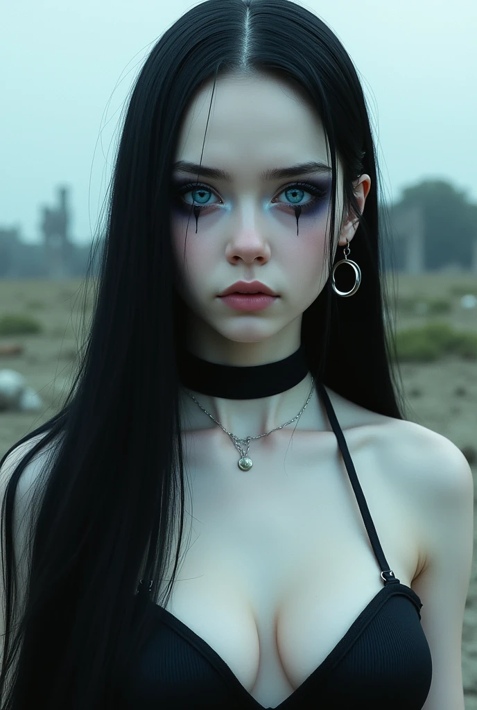 Woman, adolescent, blue colored eyes, Bblack hair, very long hair, best qualityer, pale white skin.high resolution, slickedback hair, breastsout, Half moon earrings, cloused mouth, eyes open, eye white, flickering eyes, apocalypto, Surrealism, 真实感, ear, human, very long hair, Western black makeup,