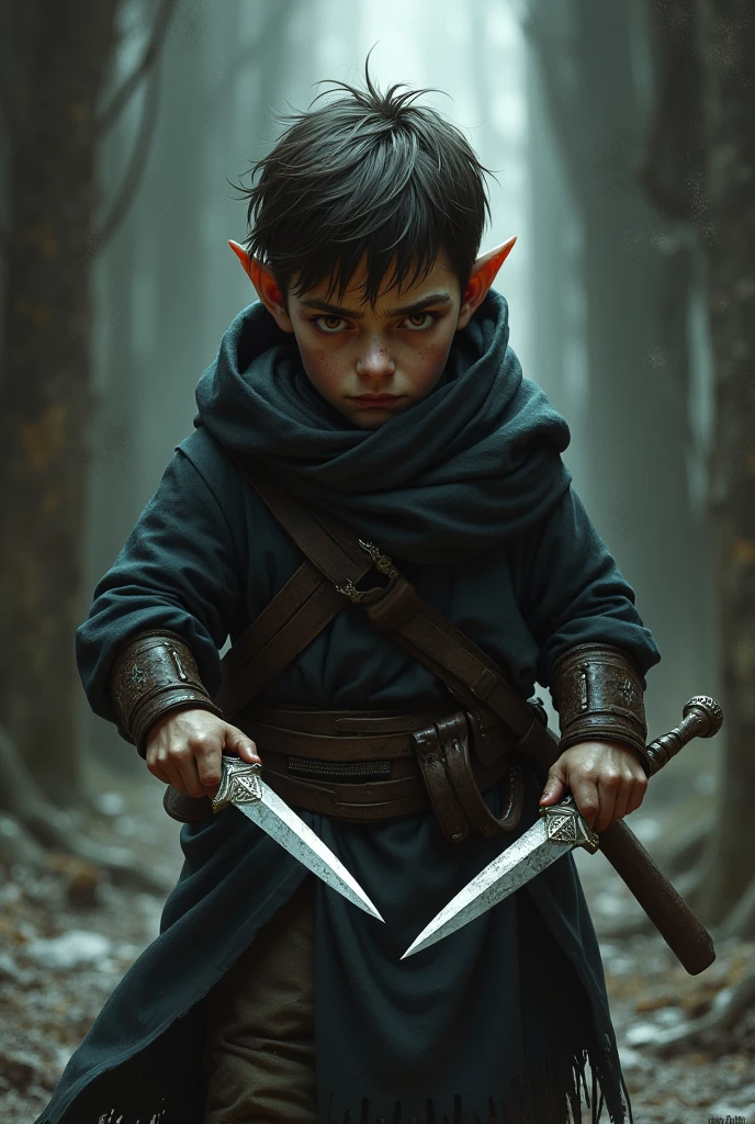 Race Halfling ADULT Class: killer man height : 1,00 dark brown hair short hair brown eyes white skin AGE: 29 Two daggers in hand 
