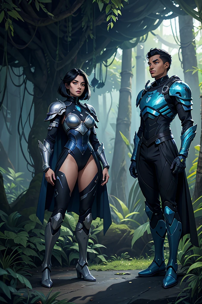 ultra-fine digital painting of a shape-shifting entity that adapts to the environments of a jungle planet with cyberpunkai flora levitating with silver crystals, super detaill, Ultra-realism, volumetric lighting. inside this forest Create a man of African American style, beautiful woman skin, short black hair , beautiful face detailed focused, black eyes, Youngh, stark, closed, perfectbody,. uma imagem no estilo dos Knights of the Zodiac(Knights of the Zodiac) make the male armor completely blue, with some dark details. blue and black knee-high armor style boot.a modern and cyberpunk look. It's coming out of the mouth of a high tech city. cyber punk, Steampunk, Splatterpunk