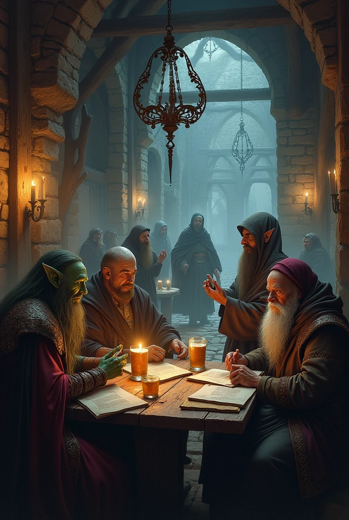 A medieval tavern with elves, hooded wizards, a dark environment with dwarves and animal men, very realistic.
