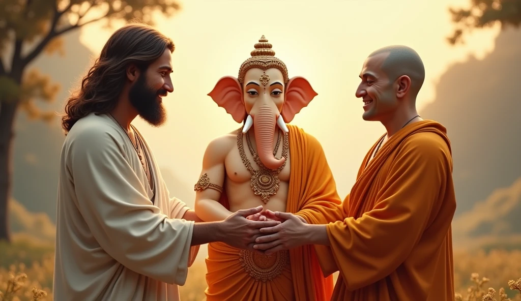 God Jesus Christ and God Ganesha and God Buddha, link arms, talking, speaking, fun, friends, standing, beautiful, realistic