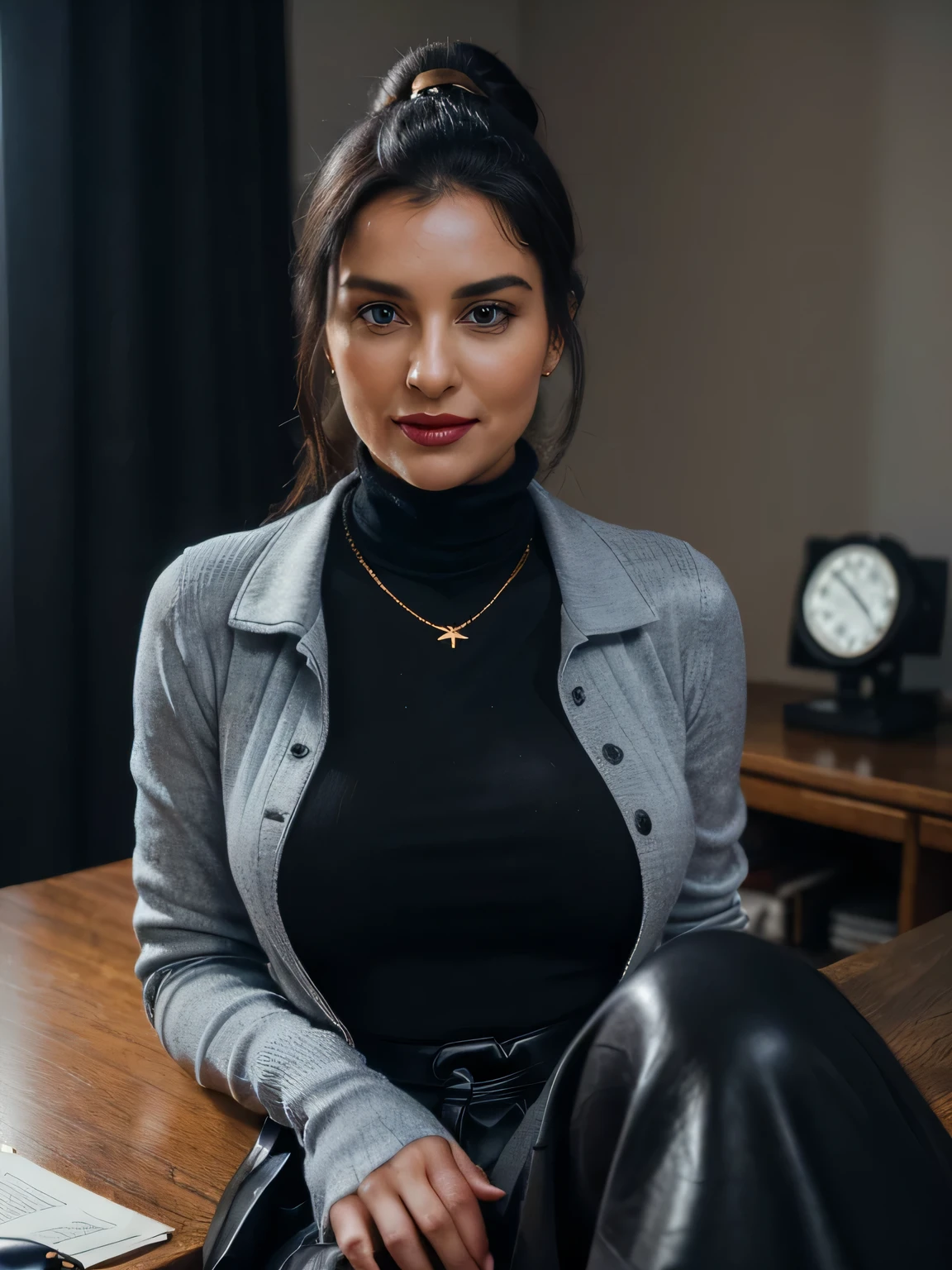 photo of a completly clothed prime minister of parliament woman with a smile sitting on her desk legs open ( no nudity) ,waitin for the man she loves , monica bellucci at 32 , ((incredibly clear clear blue eyes )) (( flirting with the camera)) (( smart smiling lookin at the camera)) (( red lipstick)) (( Monica is dressed with a blue tellier jacket blue turtleneck sweater , gold chain, and a very large covering all her legs black cotton long maxi-skirt(black long maxi-skirt:1.2 )) (( black soft stiletto high knee Leather boots )) (( black ponytail hair)) (( she is wearing his favorite vintage grey silk gloves )) (( she is sensually caressing her black boots)) (( the photo is from up front )) 4k 8k ultradetailed, kodak print, detailed realistic face, 4k 8k ultradetailed, smooth images, realistic woman, detailed eyes, detailed face, detailed lips