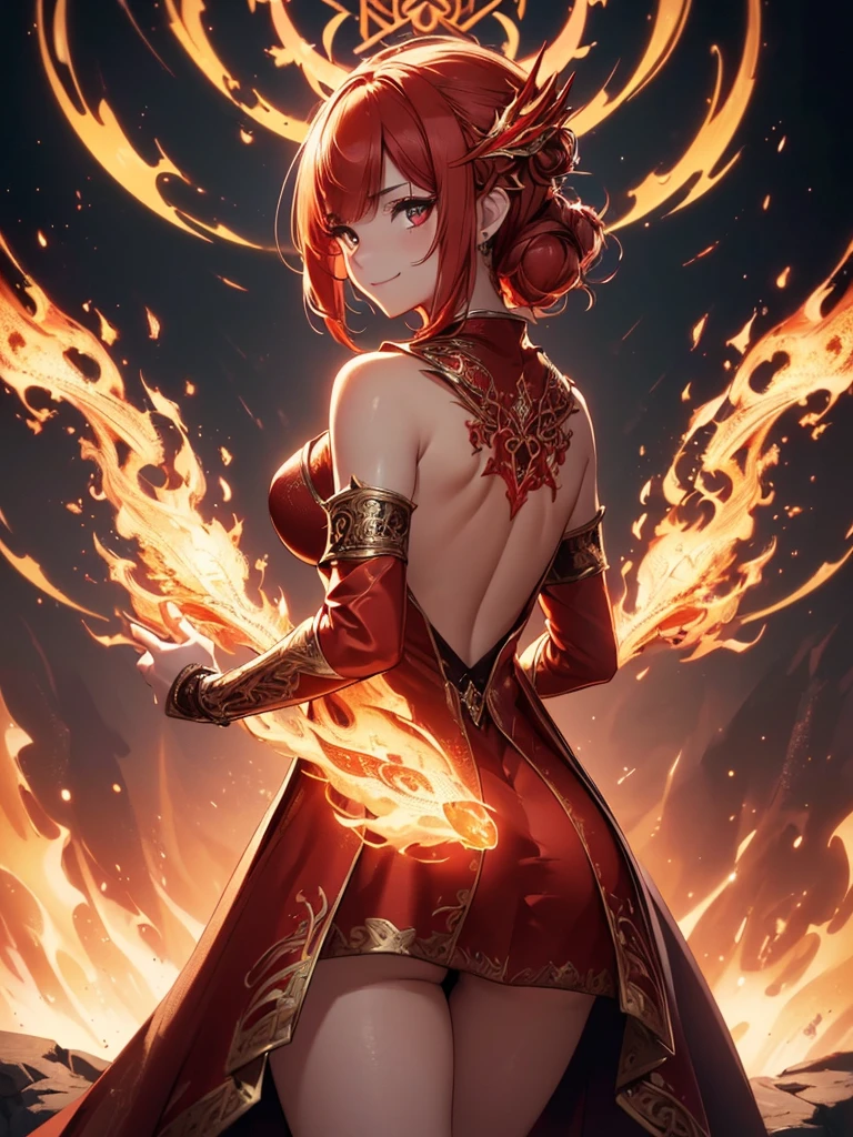 (((best quality, sharp image, clear image, cinematic lighting, 8k resolution, masterpiece, ultra detailed, intricate))) Girl, sorcerer, cute, intricate dress, smiling, fiery red, ((intricate background)), (rune frame), dimension, ((shot from behind)), fire sigils, chaotic background.