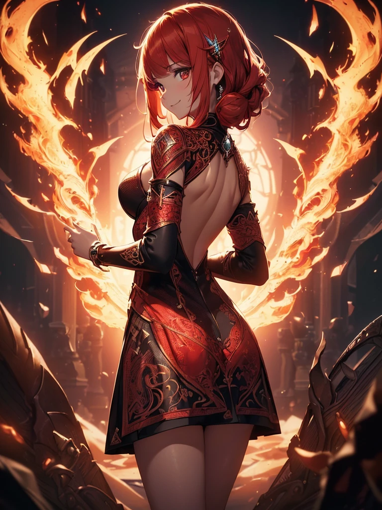 (((best quality, sharp image, clear image, cinematic lighting, 8k resolution, masterpiece, ultra detailed, intricate))) Girl, sorcerer, cute, intricate dress, smiling, fiery red, ((intricate background)), (rune frame), dimension, ((shot from behind)), fire sigils, chaotic background.