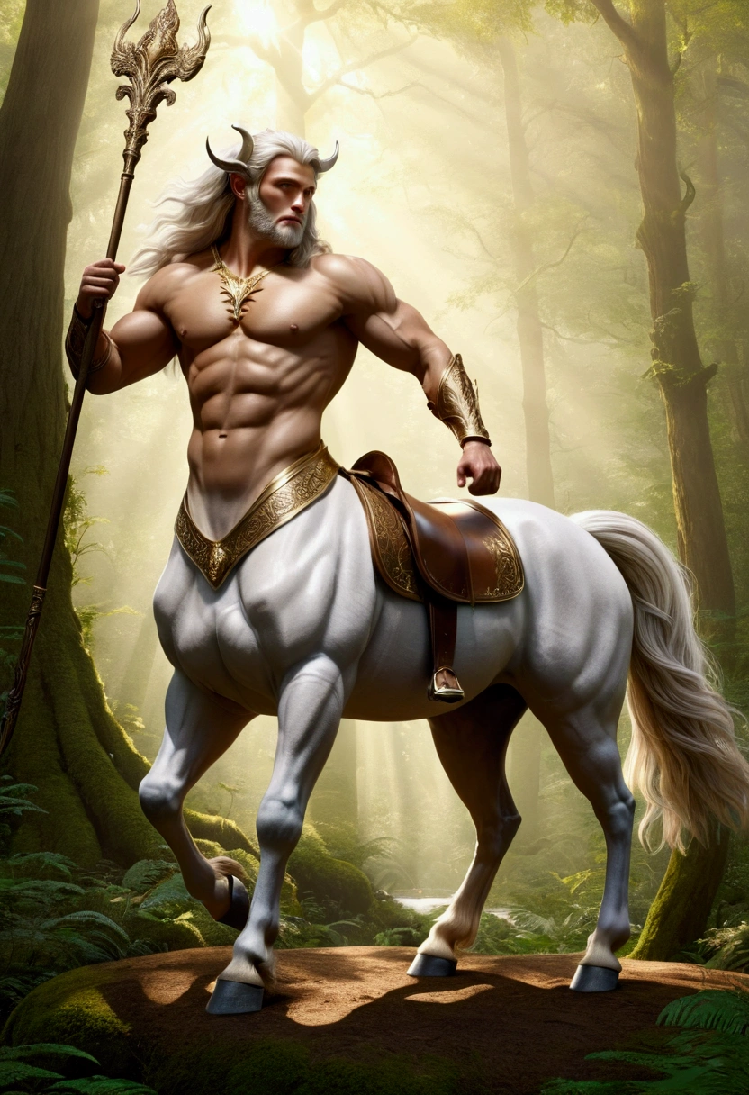 Centaur, a white centaur prins in a forest, sunshine rays, highly detailed centaur with muscular chest, gold belt, legs with hooves, white horsetail, fantasy creature:: Meticulously hyperdetailed fantasy photo with breathtaking intricate details, by WETA FX and industrial light and magic, intricate elaborate RTX enhanced CGI render, masterpiece, best quality, very aesthetic, absurdres