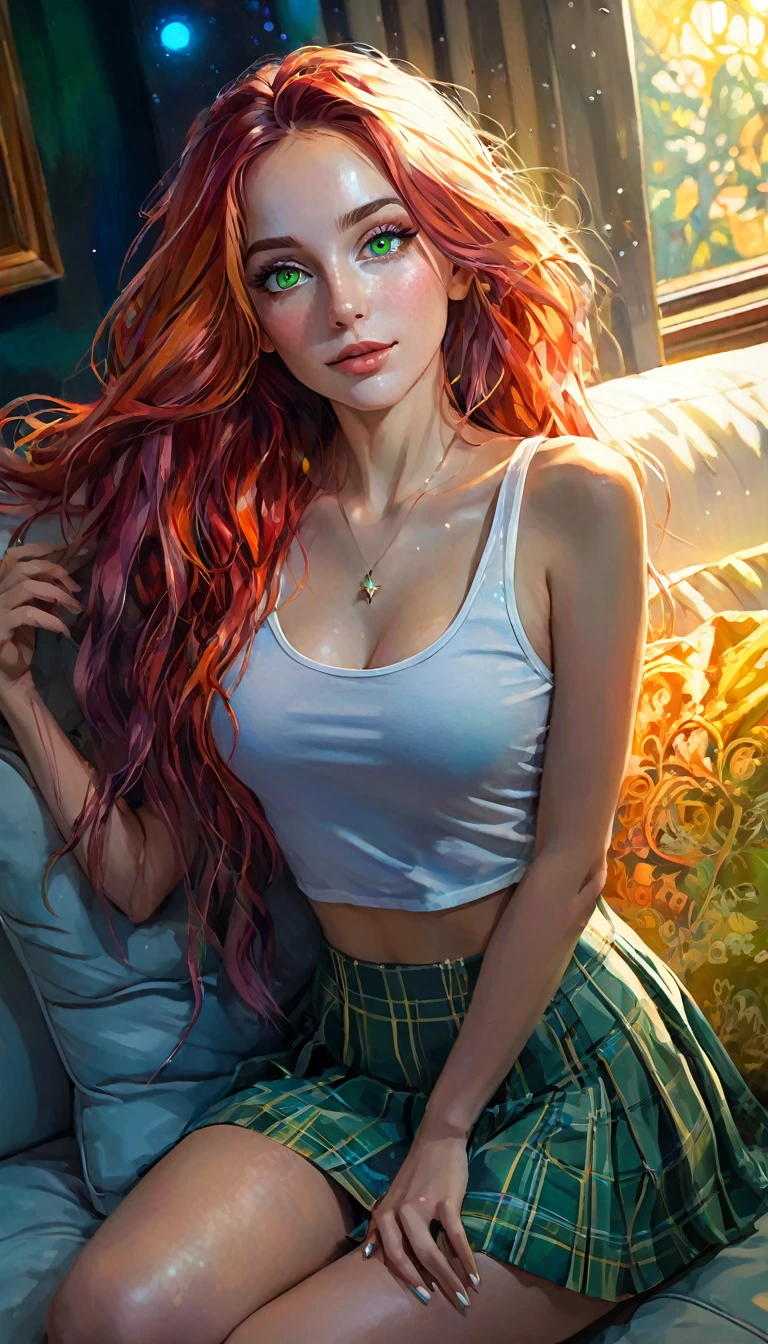 ((masterpiece)), ((best quality)), (ultra detailed), ((extremely detailed)), 4K, (8K), best quality, (beautiful), realistic style, in the room, on the bed, a pretty girl, 1 girl, alone, miniskirt, tank top, beautiful long multicolored hair, beautiful green eyes, ((beautiful eyes)), long hair, light smile, blush, lens flare, from above, selfie, night , on the sofa in a living room with a view of a magical night with stars, eroticism, sexy, (best quality, 4k, 8k, high resolution, masterpiece: 1.2), ultra-detailed, (realistic, photorealistic, photorealistic: 1.37), details intricate, vivid colors, sharp focus, professional, Dave McKean artwork, surrealism oil touch, oil painting style, portrait, woman, beautiful detailed eyes, beautiful detailed lips, dreamy atmosphere, shadow play, lighting soft, fun pose, dark tones, ethereal background, fantasy elements, texture, layered composition., long multicolored hair{ art inspired by Bill Sienkiewicz and Dave McKean.
