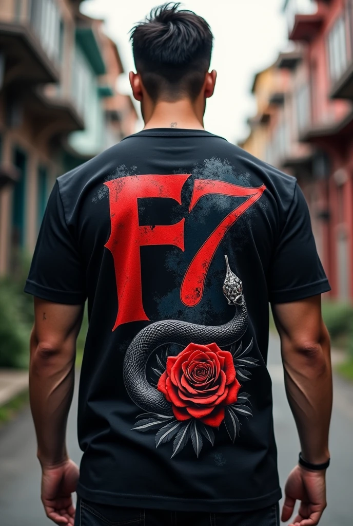 Create a really big f7 branded shirt with a rose and snake on the back