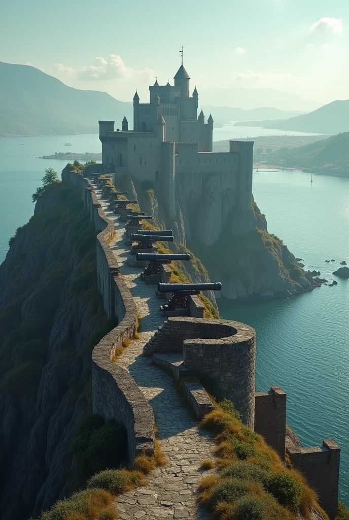 in the middle ages, a fort on top of the hill, in front of a bay, cannons on the towers, diaparing the cannons, cinematic, realistic, 4k