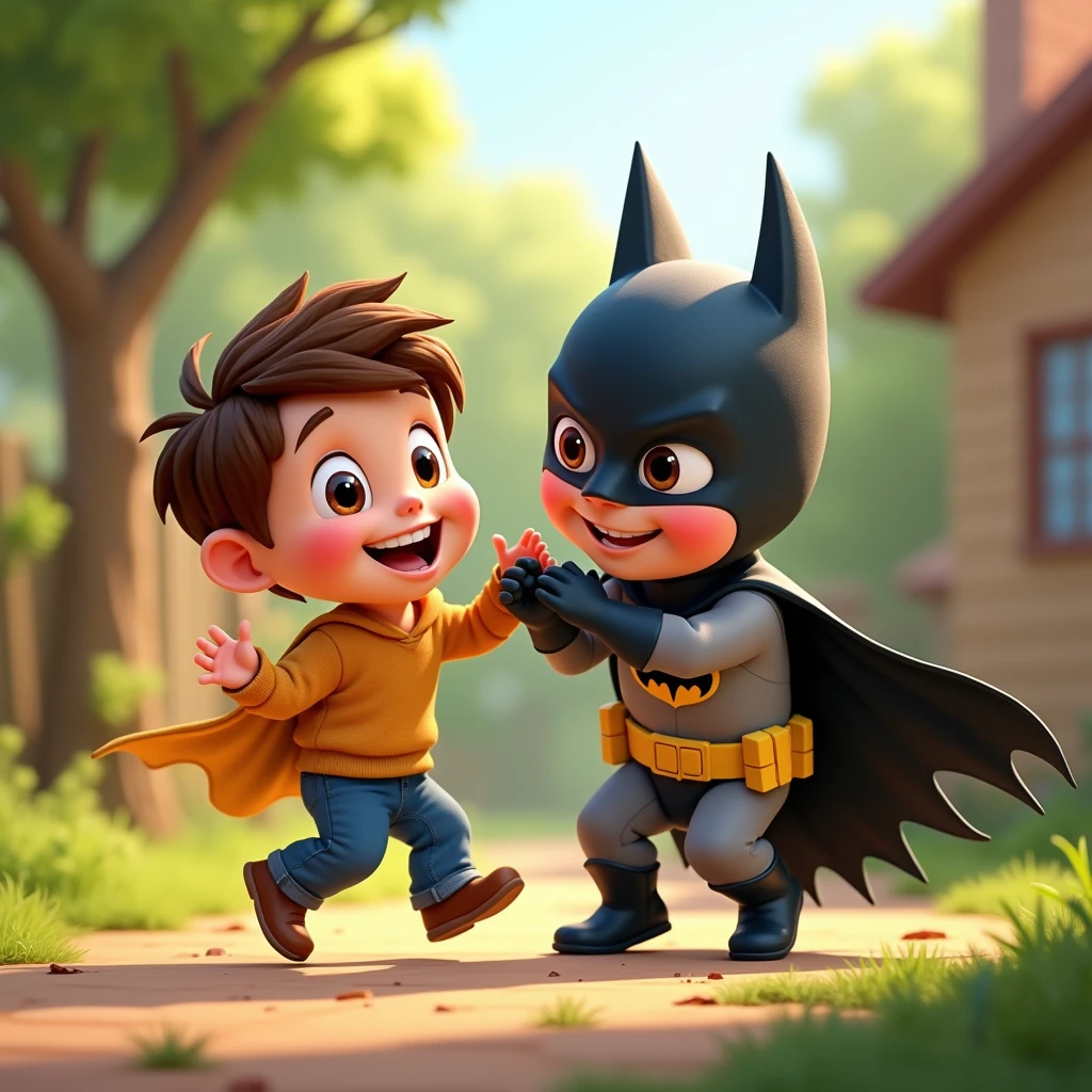 Image type: Pixar cartoon of a boy, short brown hair, big cage eyes, Expression of a happy and friendly child. The boy is playing with batman outdoors, happy and full of energy