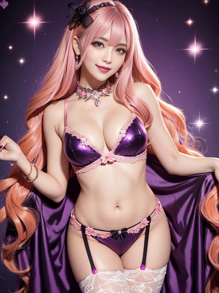 ultra realistic girl, lip-gloss, lipstick, defined eyebrows, ultra detailed metallic eye-makeup, happy smile, sparkling orange and pink ombre diamond jewelry, orange and pink ombre flowers background, portrait, halloween, goth, gyaru, very long purple flowing hair, garter belt, ultra detailed cute lack lace underwear, sweet and sexy, seductive pose