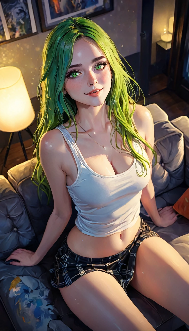 NSFW,((1 boy,fellatio, penis)),((cum facial)),(Best Quality,High resolution,8k,finelity detailed background,Masterpiece:1.2),from side,beautiful girl,Shiny green hair,messy hair,Beautiful green eyes,Best quality,Best Quality,Aesthetic and aesthetic:1.2,Best details((Super detailed))(High-definition CG illustrations),cute,cute,Looking up,blush,nude,on the bed