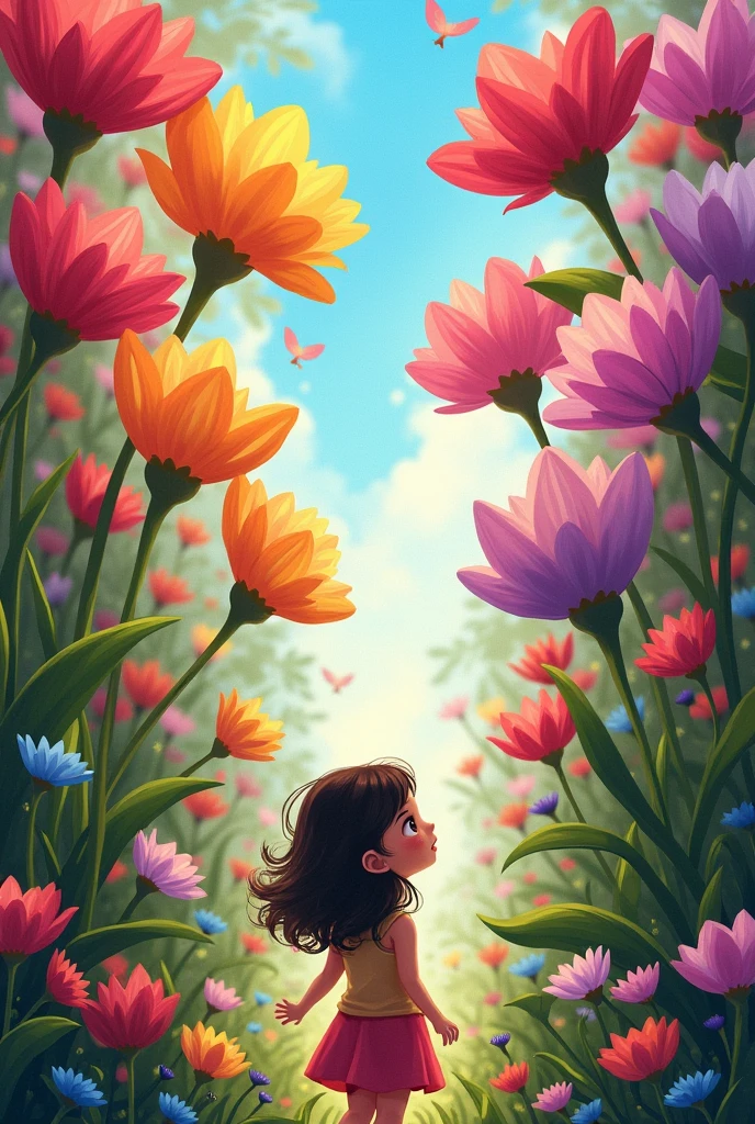 the same previous photo but in:
an eight-year-old girl with chocolate-colored hair, Arriving at the garden, She was amazed because the flowers of all colors were blooming, and the air was sweet-smelling, but there was something different; The flowers were talking to each other