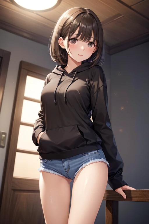 anegasaki nene、Shiny brown hair, short hair, (Beautiful brown eyes、Sparkling eyes, Fine grain)、smile、Ultra-detailed eyes、Very detailed顔, Very detailed目,
(One girl, alone, alone),, Very detailed, Soft indirect lighting, 4K, Perfect Eyes, Perfect Face, Perfect lighting, a. One girl)), ((Captivating look, Seduce, sensualizes, Excited)),
((mini denim shorts, stand up, Front view from bottom to top, sexy, Long Brown Hoodie, Thong Panties, Simple Background, sexy, erotic, stand up, upright posture, Provocative, Beggy's Background, diving)),
(((Recall, Backwards)))