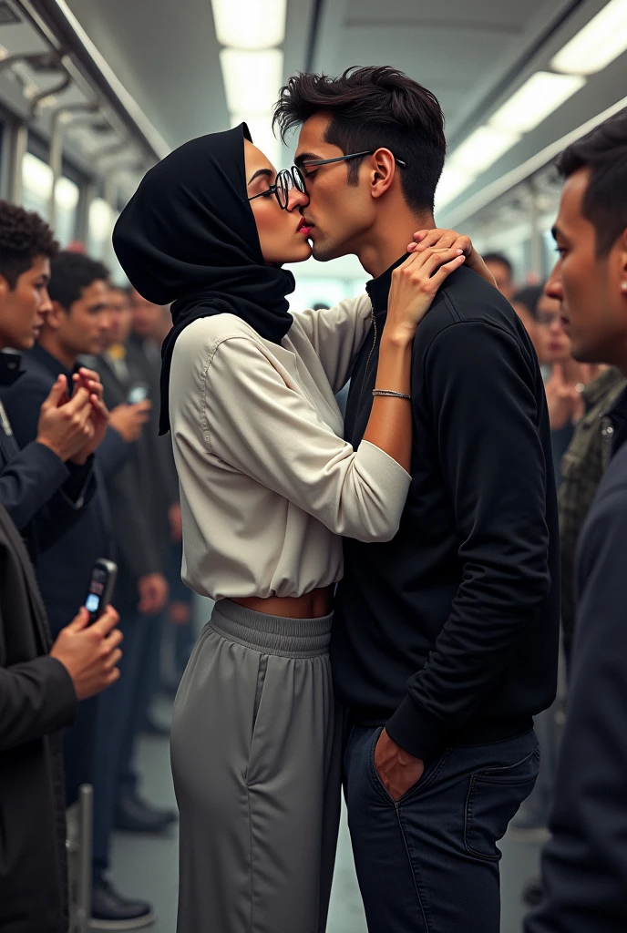 Black headscarf on a crowded bus, white long sleeve t shirt, grey baggy sweatpants, spectacled,Sexy woman kissing man. Other people touch the woman's breasts and buttocks.