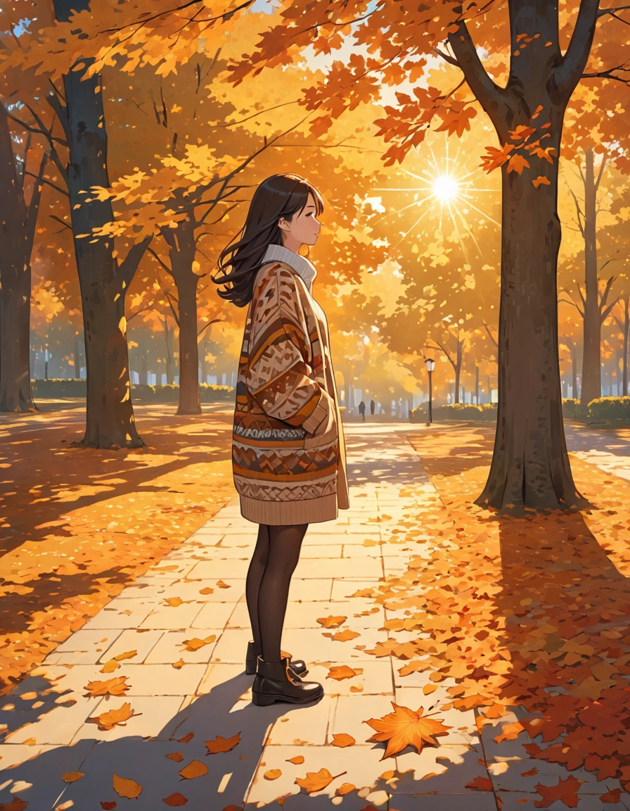 The image shows a person wearing a patterned sweater, standing outdoors in what appears to be a park or wooded area. The setting sun casts a warm, golden light, creating long shadows on the ground covered with fallen leaves. The person is holding a coat or jacket against their body with one arm while the other arm is crossed, holding the sweater. The surrounding trees contribute to a peaceful and serene autumn atmosphere.girl