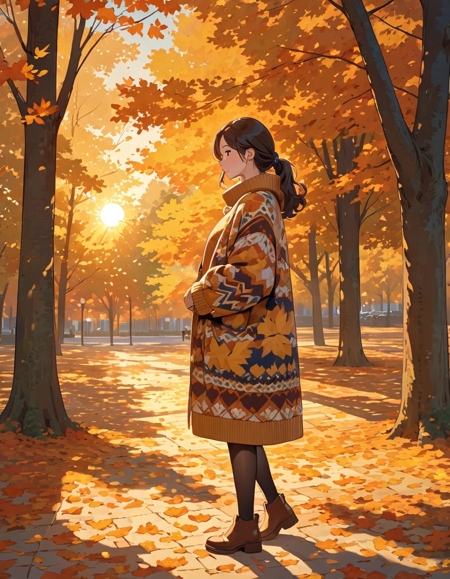 The image shows a person wearing a patterned sweater, standing outdoors in what appears to be a park or wooded area. The setting sun casts a warm, golden light, creating long shadows on the ground covered with fallen leaves. The person is holding a coat or jacket against their body with one arm while the other arm is crossed, holding the sweater. The surrounding trees contribute to a peaceful and serene autumn atmosphere.girl
