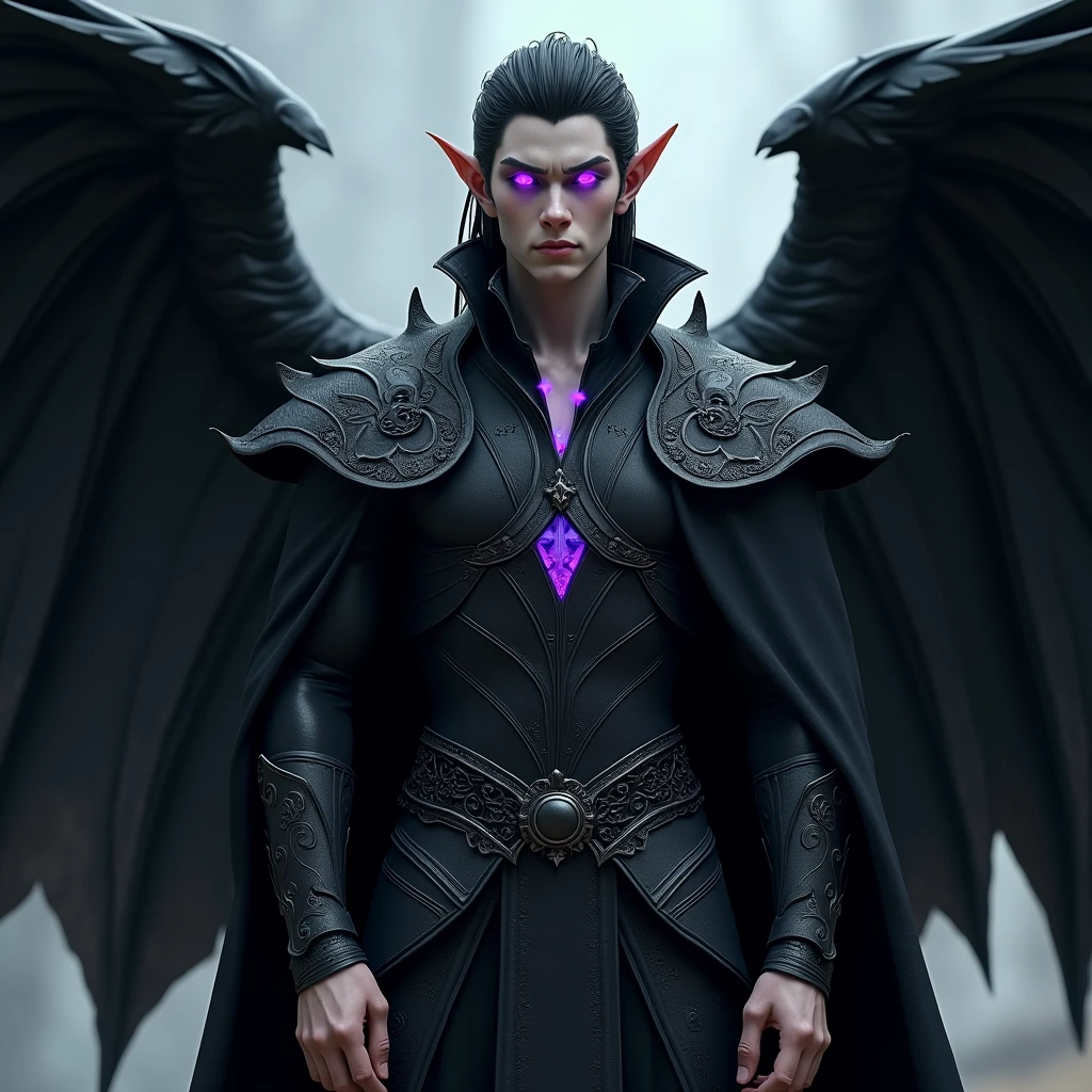 (photorealism:1.2), Male white with black hair muscular slim male tall elven ear glowing royal purple eyes and fantasy black leather armor and fantasy clothes black wings