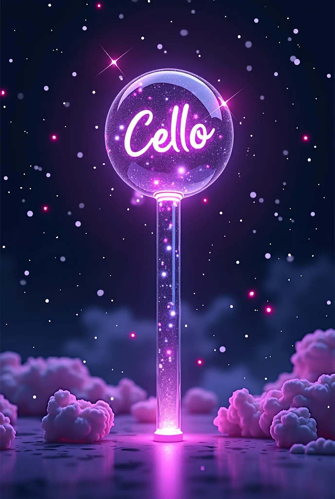 Lightstick with purple and silver colors, that has a galaxy, and the name of the Group is CELLO with a star shape and a modern and fresh style
