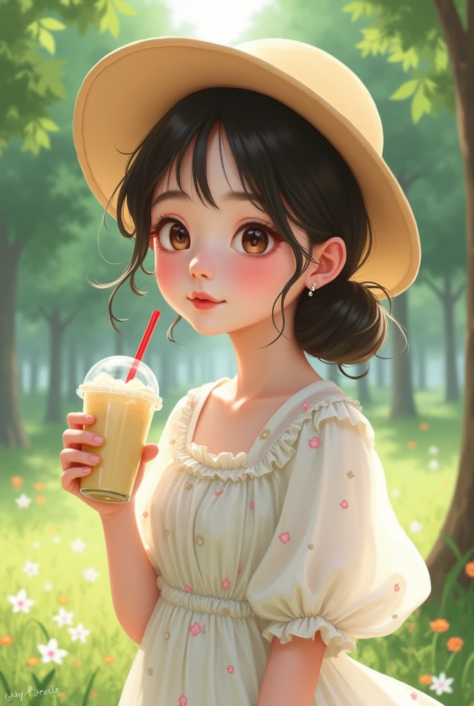 a Korean girl, pale skin, cute hat, white flowery dress, in a park, she holds a milkshake in her left hand, closeup, art-piece style