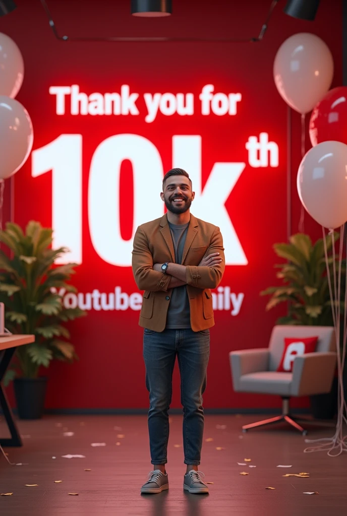 \imagine, youtube 10 k subscriber complete with celebrate, Thank you for 10k YouTube family will be written on the back wall and youtube logo. man