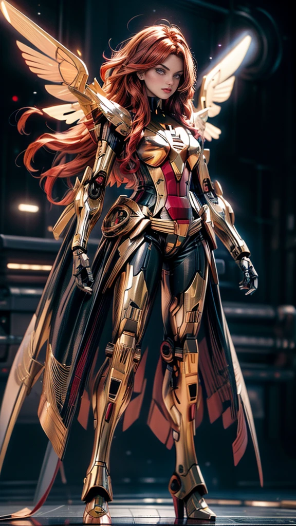 A beautiful detailed portrait of Jean Grey from X-men as a Gundam mecha, extremely detailed eyes and face, long eyelashes, intricate mecha design, wings, futuristic tech, seamless integration of organic and mechanical elements, cinematic lighting, dynamic fighting poses, (wide angle:1.27), (full length portrait:1.37), vibrant colors, 8k, photorealistic, concept art style, sharp focus, clean lines