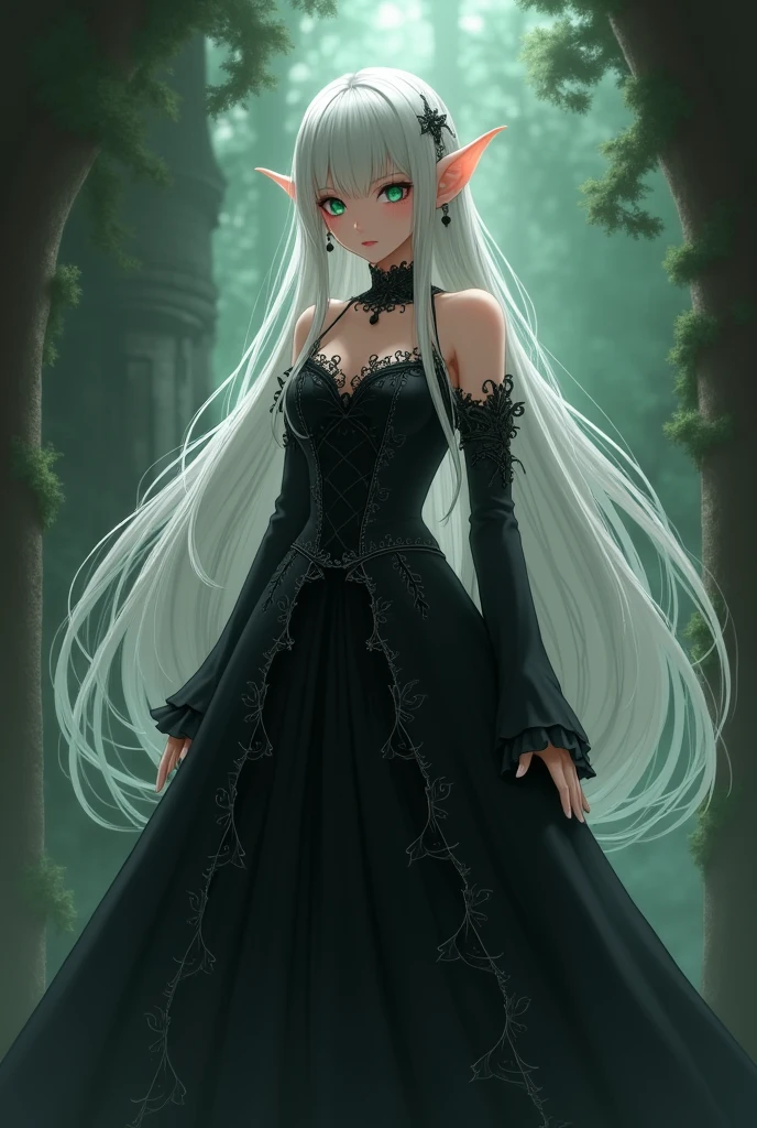 Create an anime girl with brown skin, green eyes, white hair, and elf ears wearing a black gothic dress 