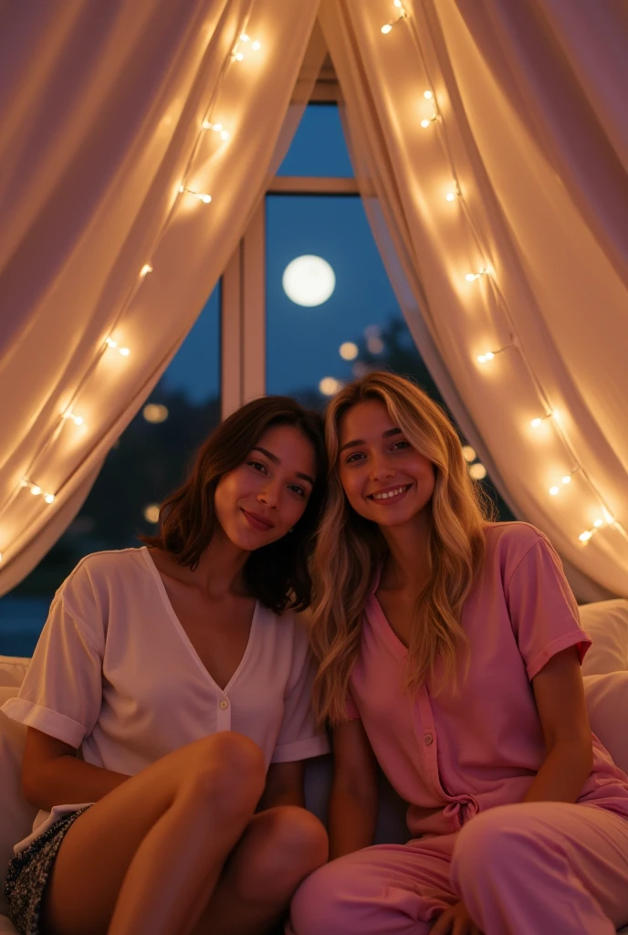 the best photo, the most realistic ,Clareza 4K, woman 1 latina, brown hair with shoulder length,18-years old ,White cotton shirt with black shorts, Delicate face, shoulder-length hair, ebony skin . woman 1 and woman 2 are in a tent inside the room , pajama party , they are in an all-female room, has a window with a view of the moon, it&#39;s night . American woman 2 , blonde hair with long length ,19yearsold ,pink pajamas, Delicate face, big hair , white skin
