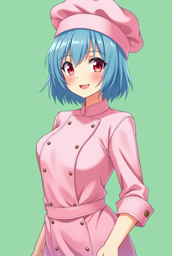 Female chef between 18 and 1, with a pink long-sleeved uniform and a chef&#39;s hat of the same color, 2D anime style with pastel colors, short blue hair, Red eyes ,with a happy and sensual expression, on a completely green and flat background