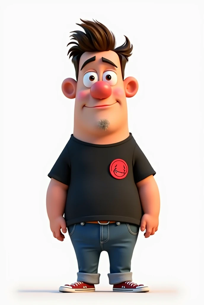 Create a Disney Pixar style character in a white setting a white man, narigudo, with thick eyebrows, the short hair down, short in stature wearing a black t-shirt with a red circle on the left chest and jeans