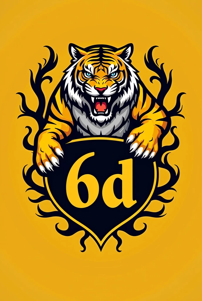 I want you to make a 2D tiger coat of arms on a yellow background, this tiger with the name:6D