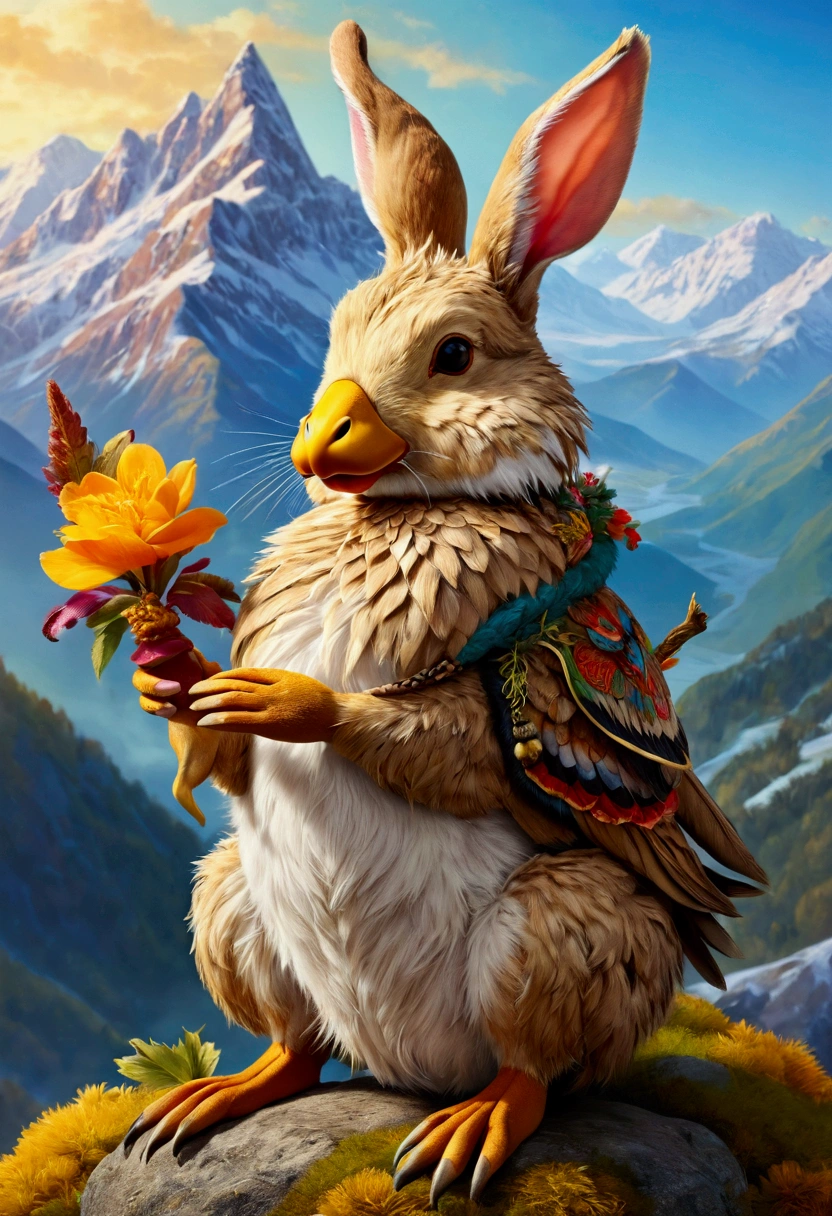 Wolpertinger made of duck + Hase + mouse + In bright colors , Background mountains, realistic representation, lovable, fluffy