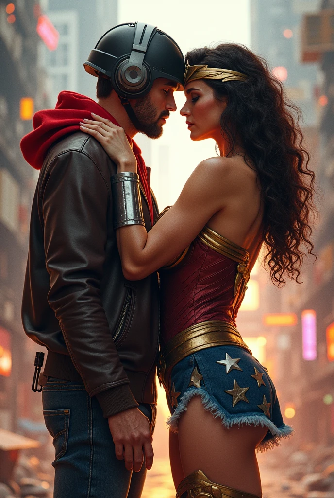 Young Star-lord with hoodie & Star-lord helmet, headphones and tennis Vs. Wonder woman (Big tits), Fight, power, fiction, full body, 2 person, Romance, Embrace