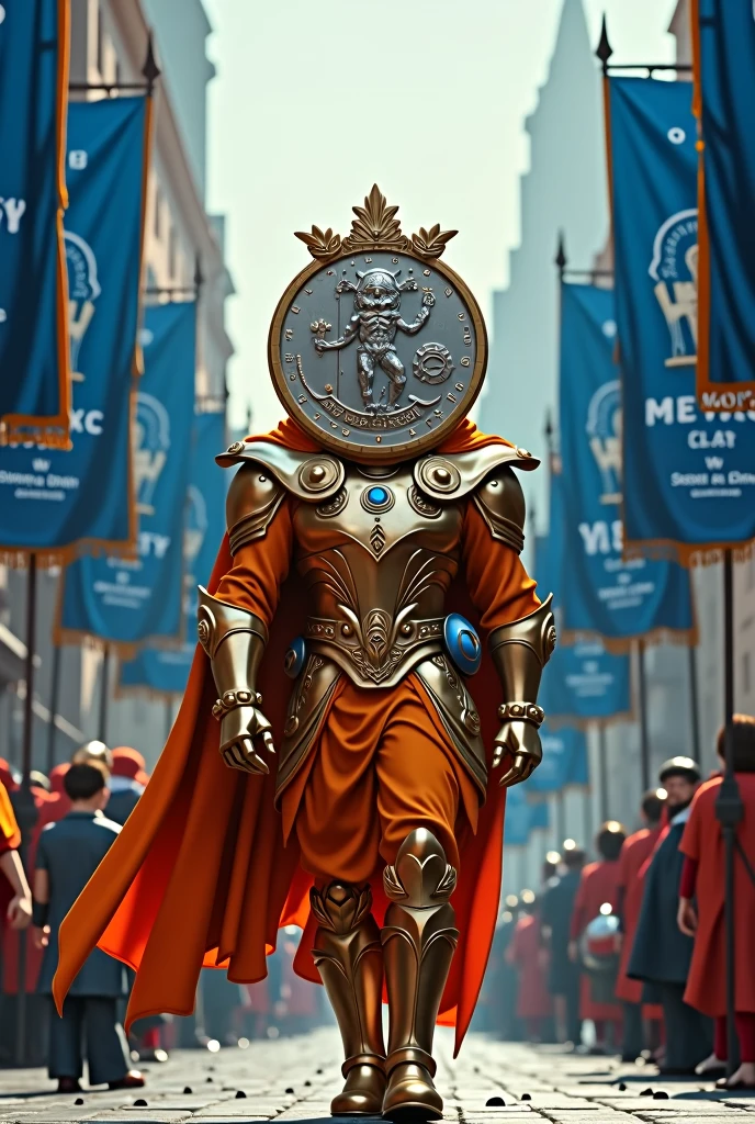 A king whose head is big and looks like a coin and has orange armor and a beautiful crown enters the city., flags is written "MEXC" are all over of that city and the color of this flags is dark blue.