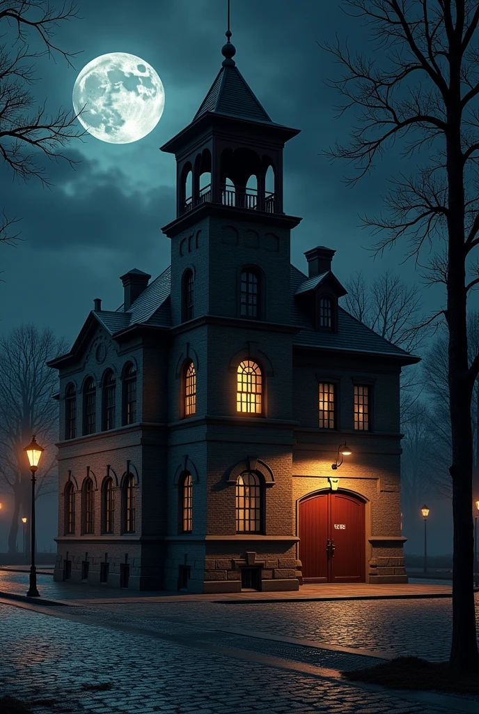 I want a picture of the old fire house at night
