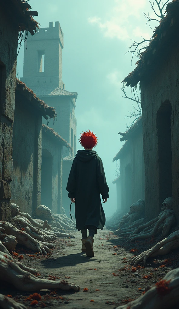 a young anime boy with vibrant red hair, walking alone through a desolate medieval kingdom, surrounded by dry decaying corpses, intricate details, cinematic lighting, moody atmosphere, dramatic composition, dystopian, gritty, dark fantasy, eerie, horror, cinematic, (best quality,4k,8k,highres,masterpiece:1.2),ultra-detailed,(realistic,photorealistic,photo-realistic:1.37)