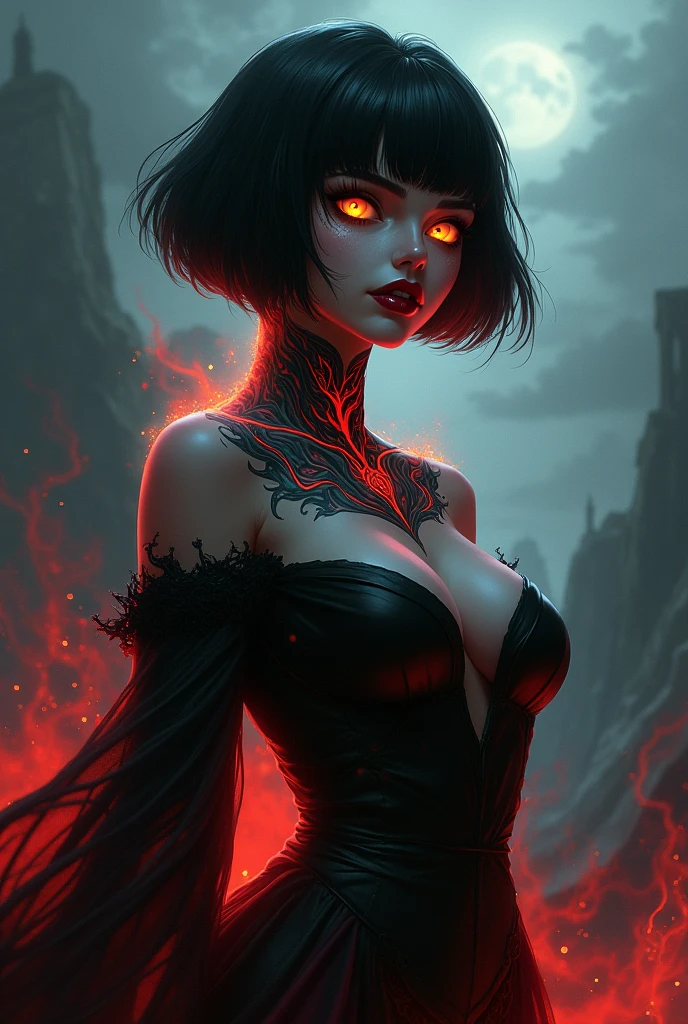 A witch with short black hair, yellow eyes, red powers and a tattoo on the neck symbolizing the sin of gluttony