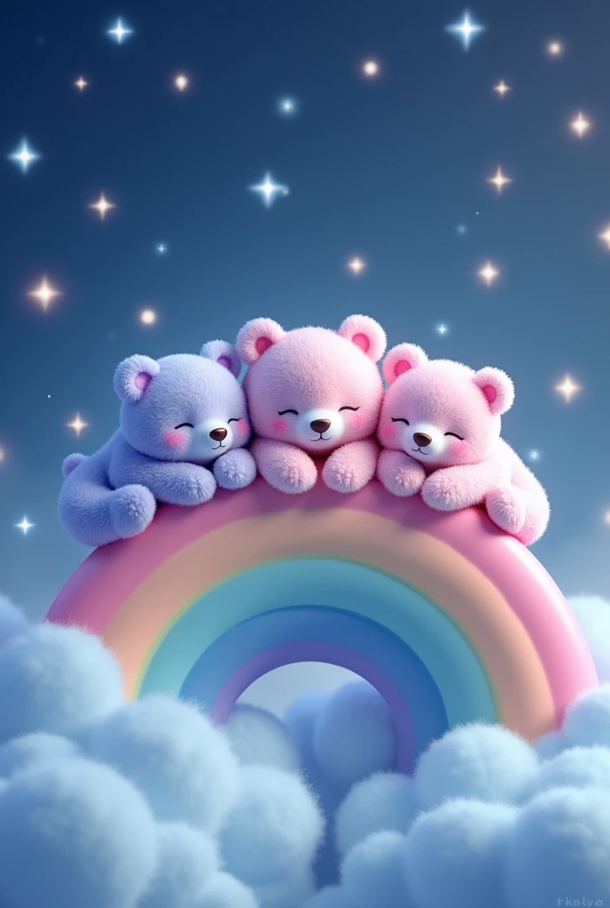 "Three very cute bears—lilac and pink—sleeping comfortably on a cute rainbow, atop beautiful blue clouds in a sky with twinkling stars, in ultra-realistic 4K images."