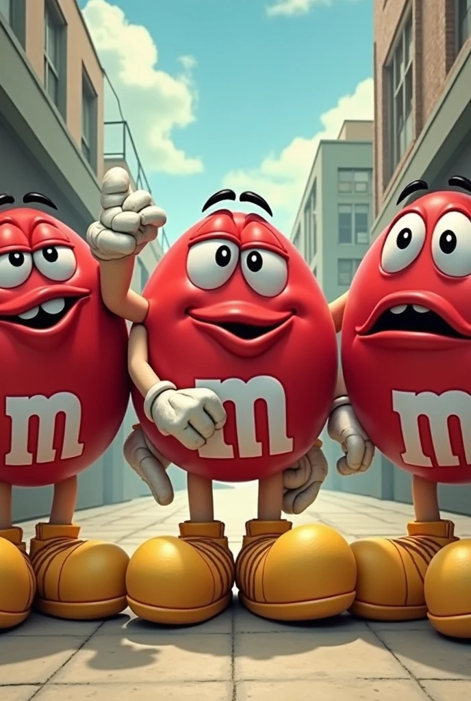 Three Red M&M Men with big floppy potato shoes and red tie, and KOZUKI ODEN who is scared, Giant floppy potato shoes 