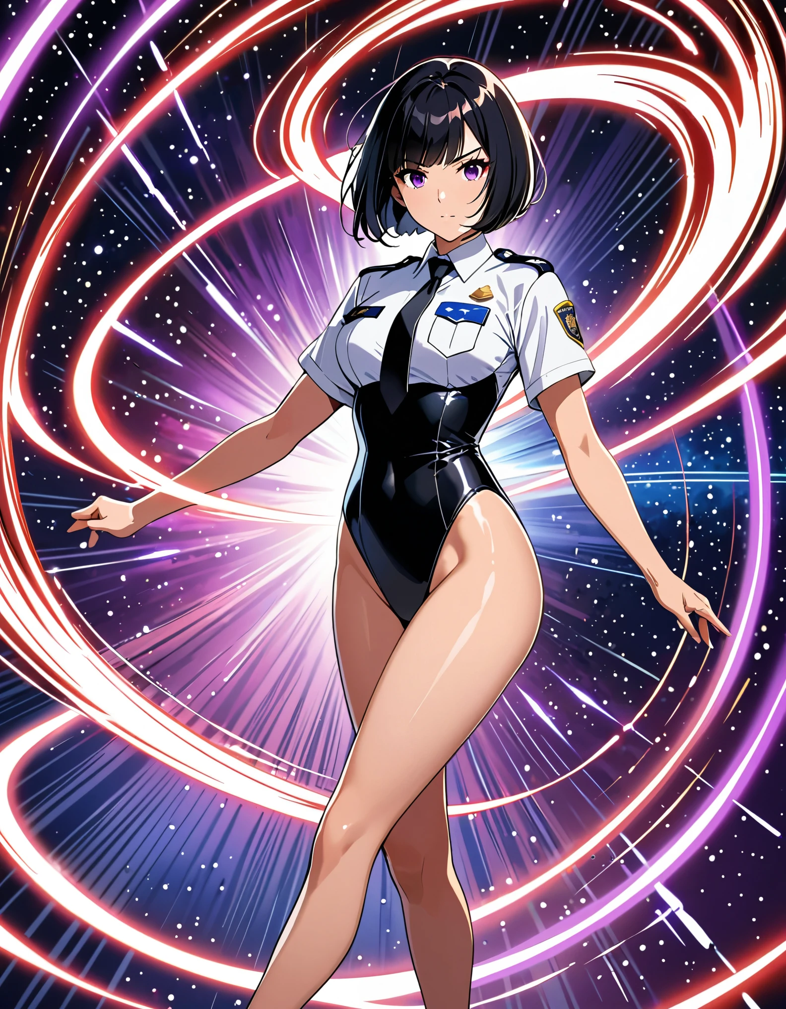 (masterpiece), (best quality), (high res), medium breasts, ((jet black hair, short hair, bob hair, purple eyes, bangs)), japanese police uniform, ((white shirt, black tie)), ((leotard, white and red leotard, matching leotard, bare legs)), matching shoes, badge, solo, solo focus, standing, (full body), cowboy shot, superhero, ((beautiful detailed eyes)), standing straight, full body shot, cowboy shot, superhero, mature lady, (perfect anatomy), fix hands. spread arms, (whirling), (she spins) fast in place like a (tornado), whirling in place, tornado spinning, rapid gyration, (dynamic whirl pose), space backdrop, motion blur, speed lines around her, spiral lines around her, tornado, time warp, (spinning energy pulse around her), light particles, serious.