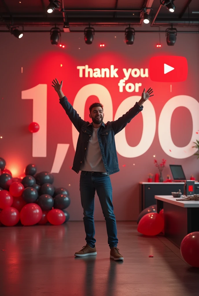 \imagine, youtube 10 k subscriber complete with celebrate, Thank you for 10k YouTube family will be written on the back wall and youtube logo. man