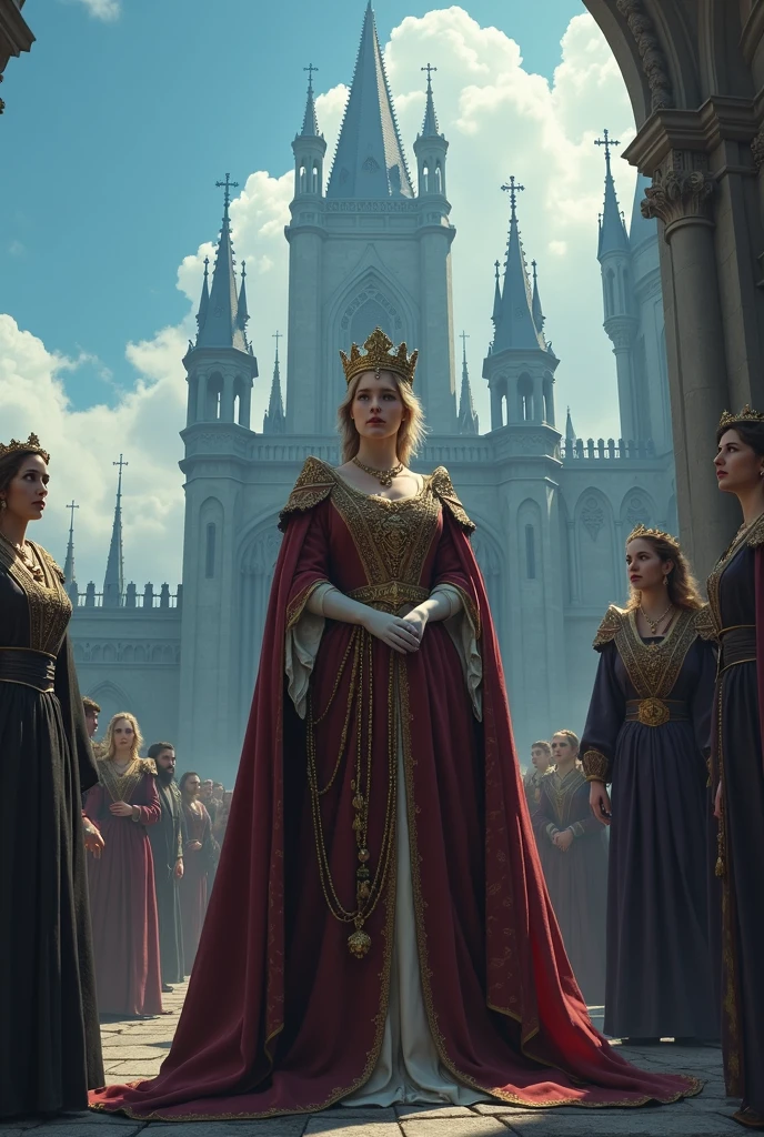 a well-dressed medieval queen with a Catholic rosary in her hands, in the background, lots of people and a gothic castle, on one side of the sky day and on the other night