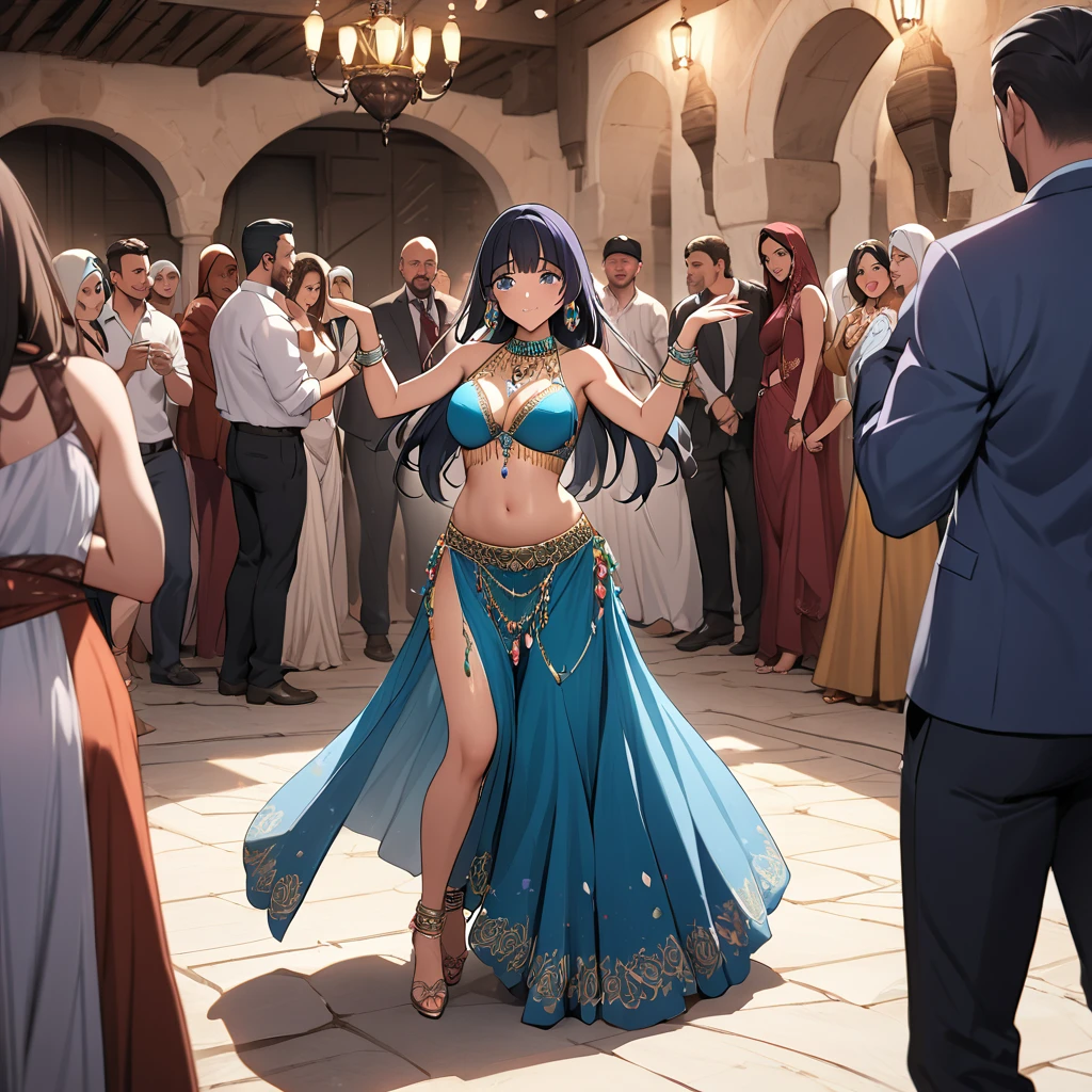 ((Highest quality)), ((masterpiece)), (detailed), (Perfect Face)、The woman is Aoki Reika, a Turkish woman with dark skin and semi-long hair.、A woman is wearing a Turkish belly dance dress and is dancing an attractive Turkish belly dance in Turkey when a man approaches her and proposes to her.